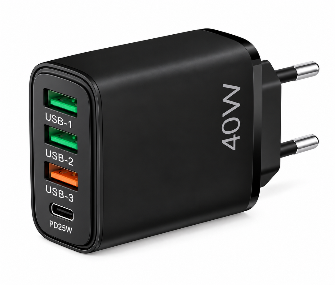 40W Väggladdare – 3× USB-A + 1× USB-C